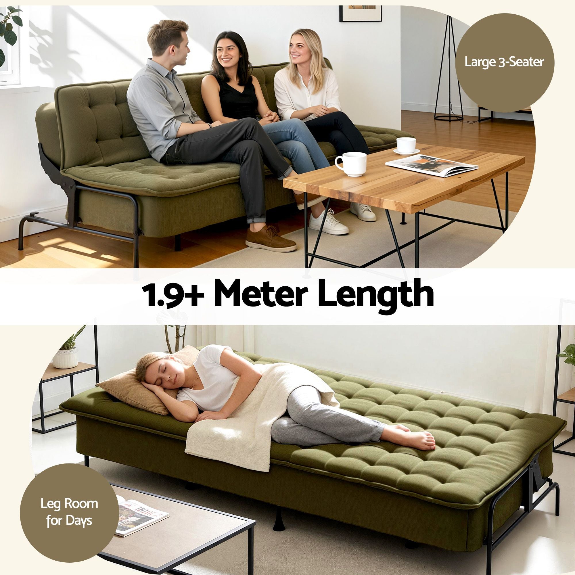 Sofa Bed, 1.9m 3-Seater Soft Innerspring Adjustable Couch Futon Chair for Apartment Dorm Living Room Office Study Bedroom, Green