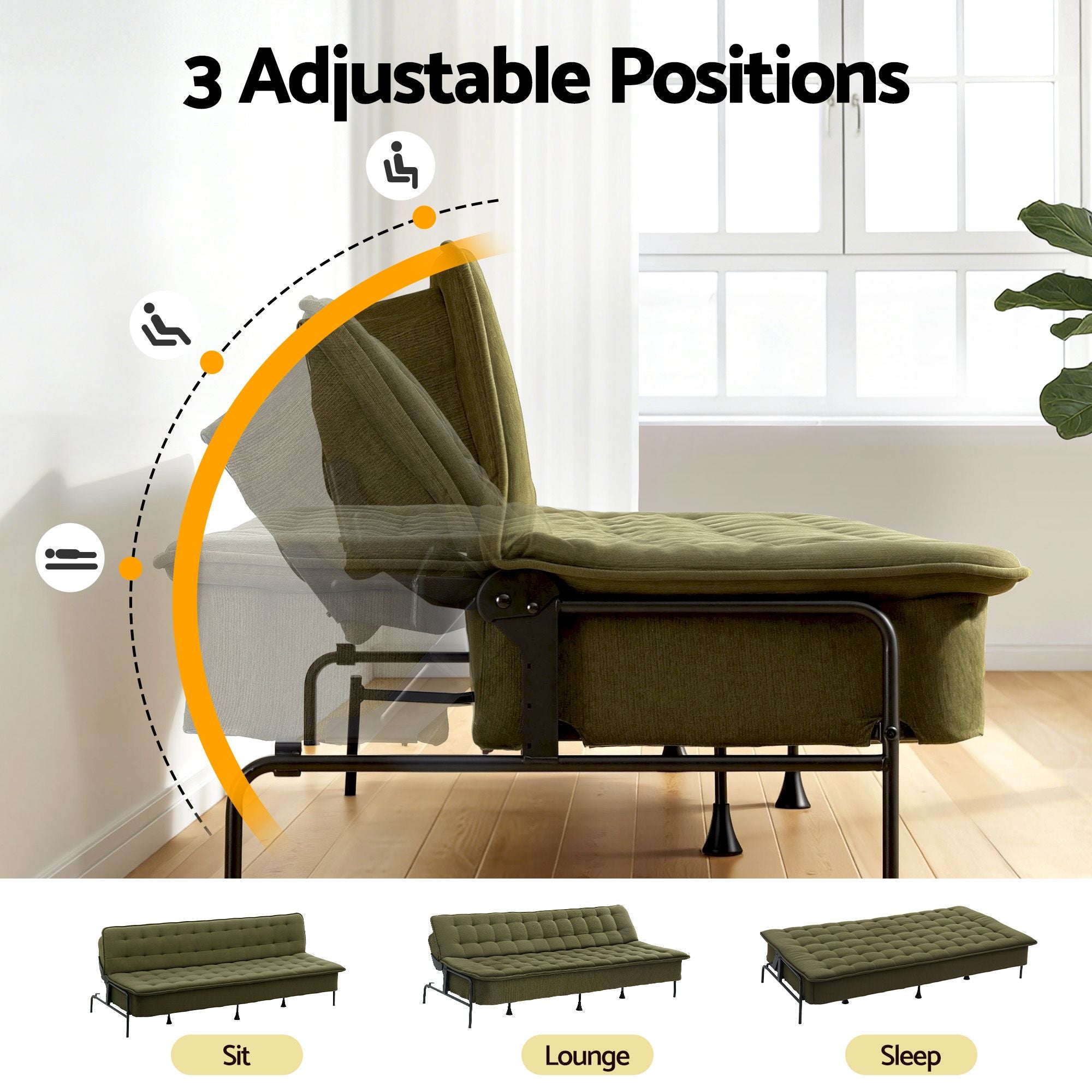 Sofa Bed, 1.9m 3-Seater Soft Innerspring Adjustable Couch Futon Chair for Apartment Dorm Living Room Office Study Bedroom, Green
