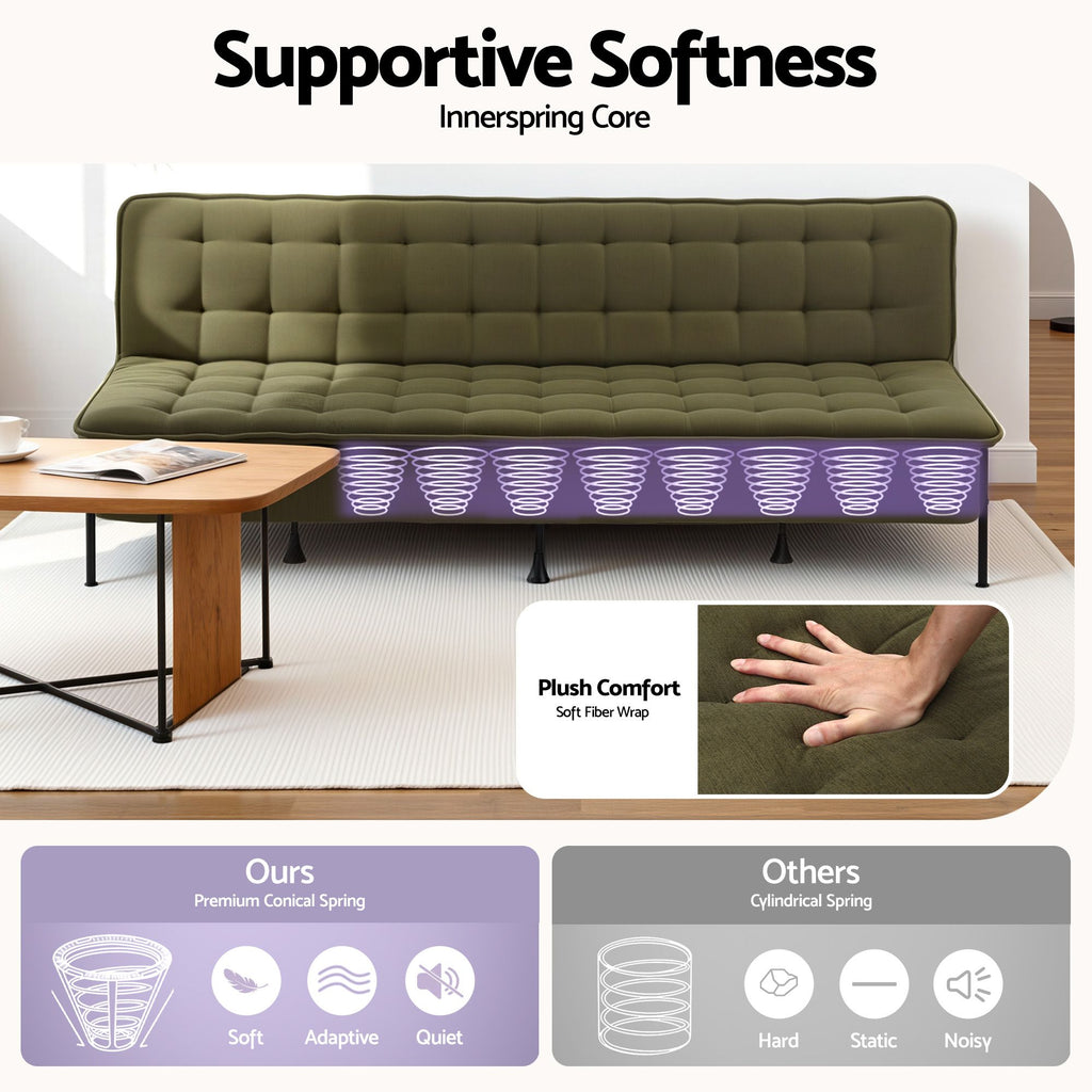 Sofa Bed, 1.9m 3-Seater Soft Innerspring Adjustable Couch Futon Chair for Apartment Dorm Living Room Office Study Bedroom, Green