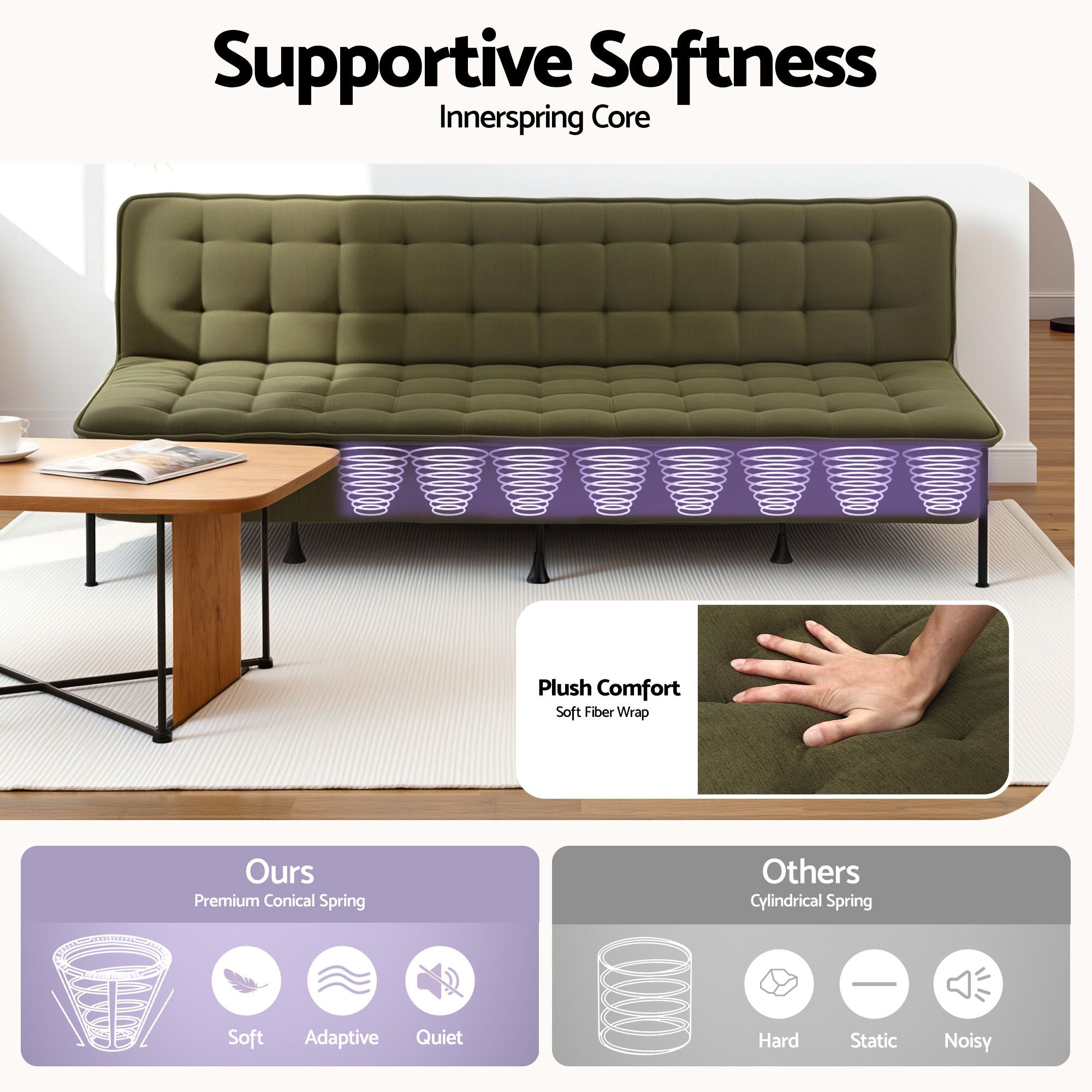 Sofa Bed, 1.9m 3-Seater Soft Innerspring Adjustable Couch Futon Chair for Apartment Dorm Living Room Office Study Bedroom, Green