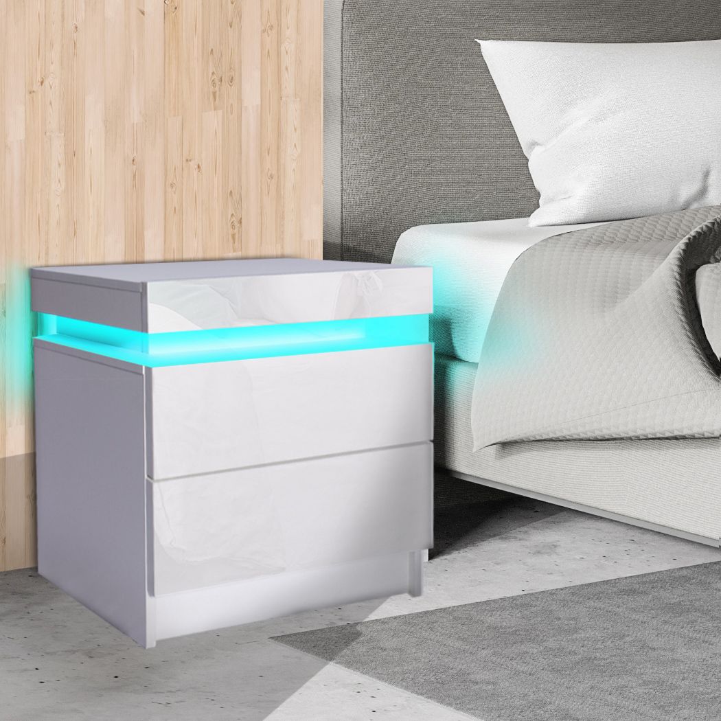 Bedside Tables Drawers RGB LED Storage Cabinet High Gloss Nightstand - Oceania Mart