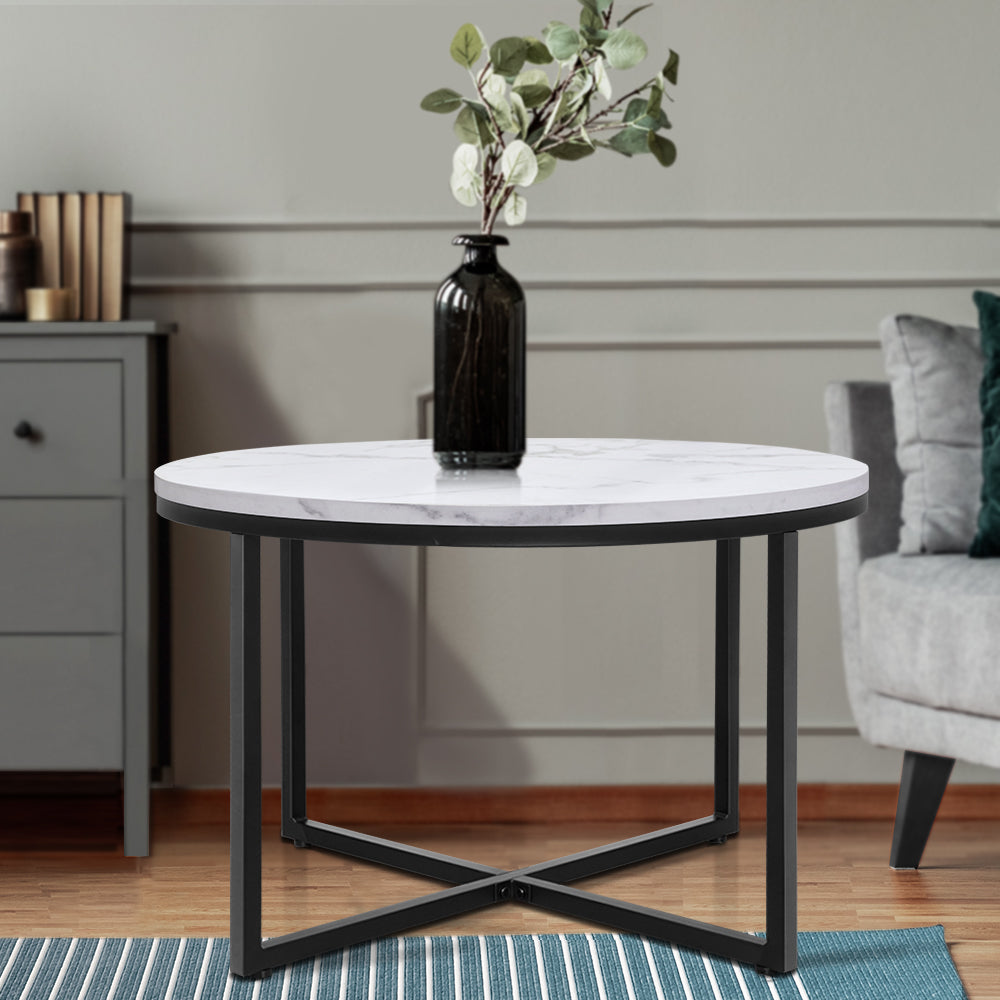 Artiss Coffee Table Marble Effect Side Tables Bedside Round Black Metal 70X70CM - Oceania Mart