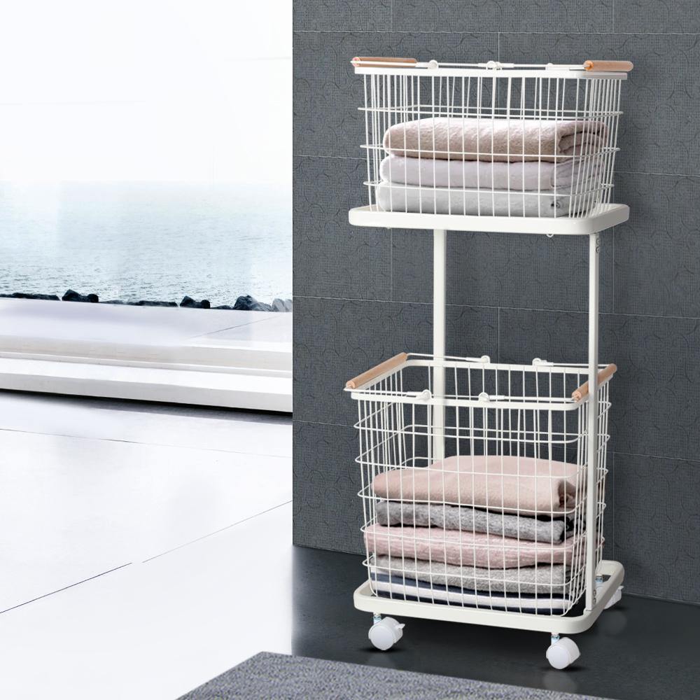 2 Tier Wire Storage Shelf Laundry Basket Hamper Metal Clothes Rack Shelves Trolley Organiser - Oceania Mart