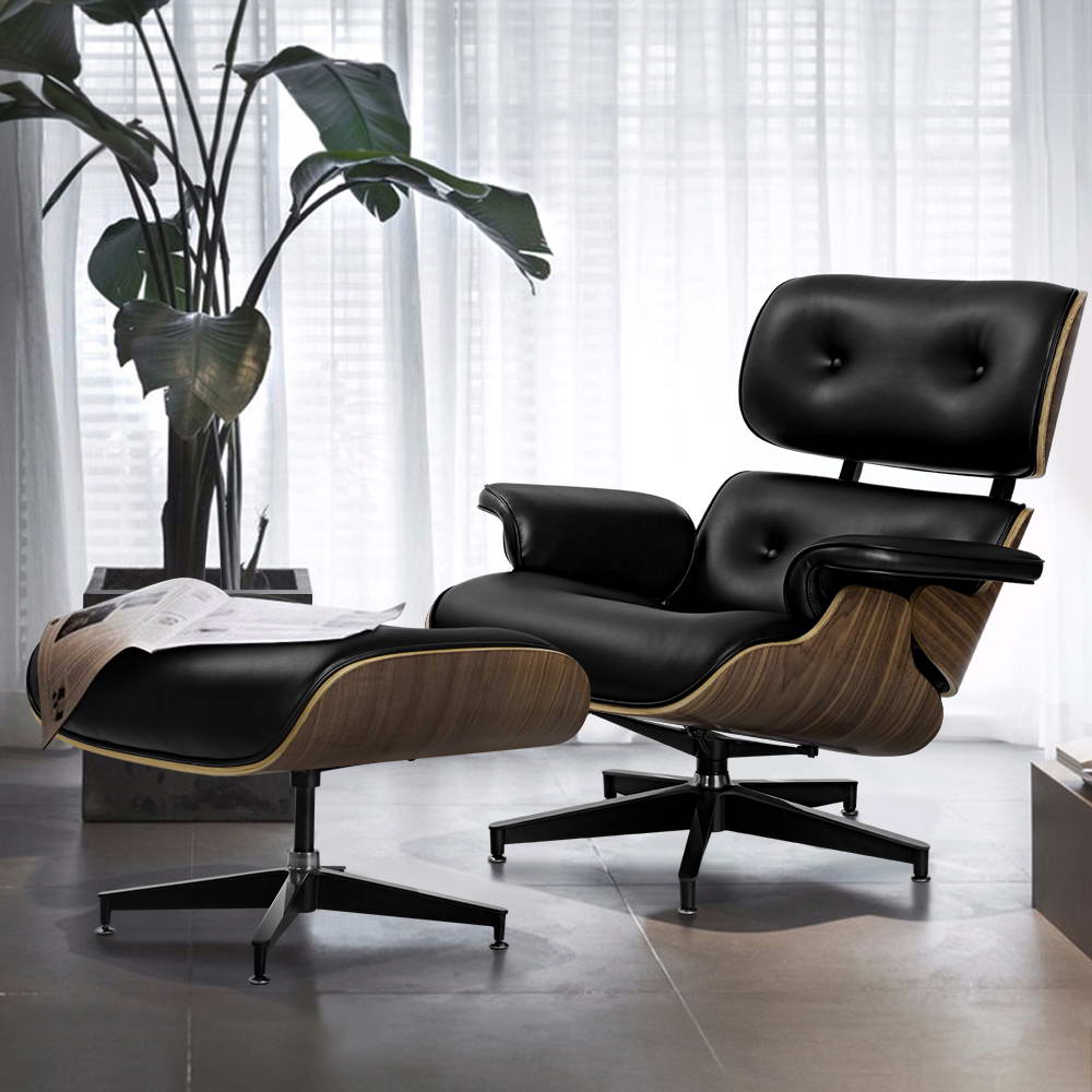 Armchair Lounge Chair and Ottoman Recliner Armchair Leather Plywood Black