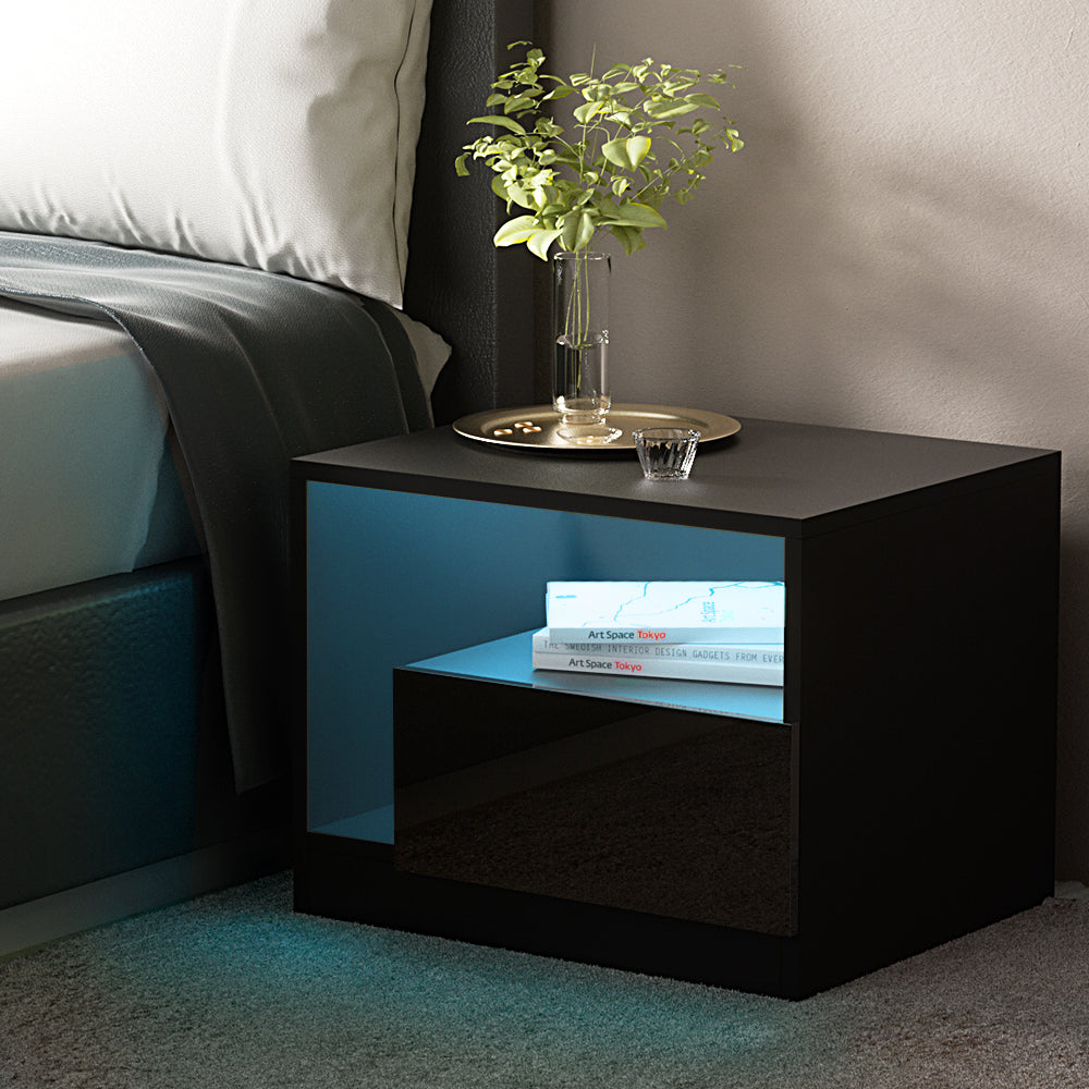 Bedside Tables Side Table RGB LED Drawers High Gloss Nightstand Black