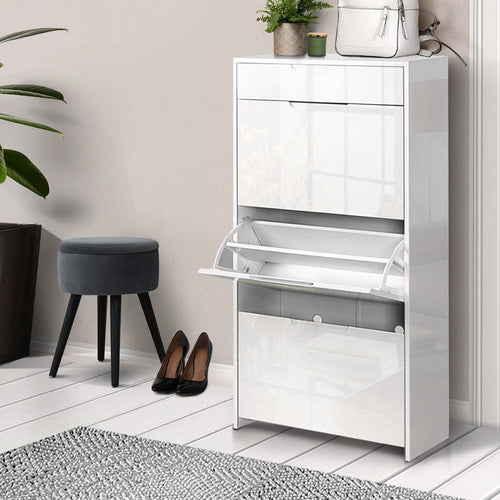 Artiss 24 Pair High Gloss Wooden Shoe Cabinet - White - Oceania Mart