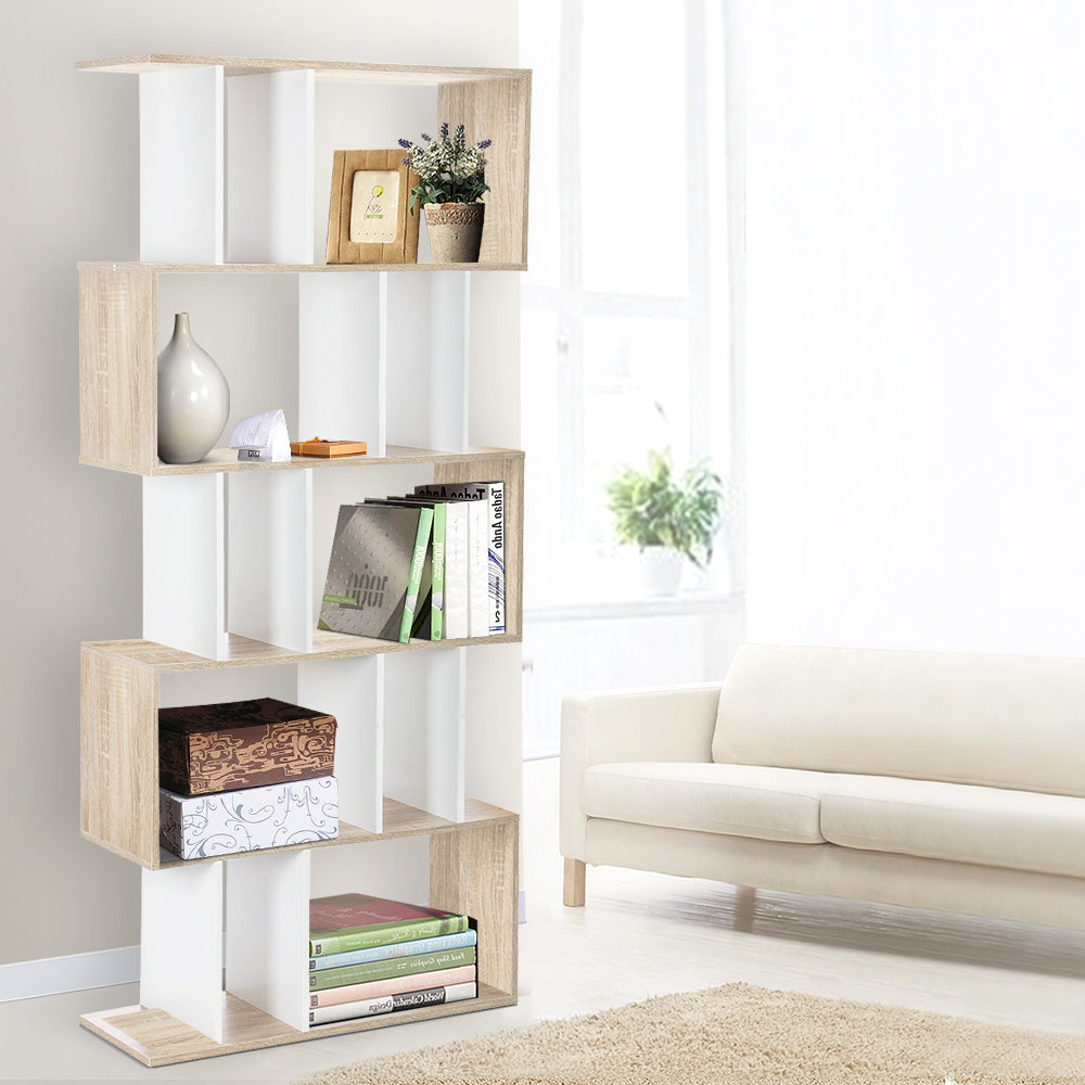 Artiss 5 Tier Display Book Storage Shelf Unit - White Brown - Oceania Mart