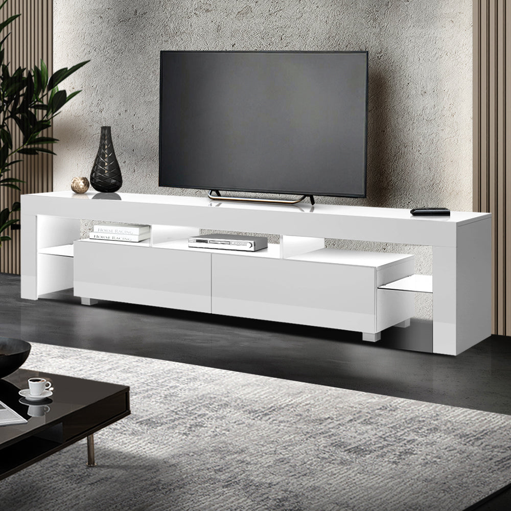 Artiss TV Cabinet Entertainment Unit Stand RGB LED Gloss Furniture 2 Drawers 200cm White - Oceania Mart