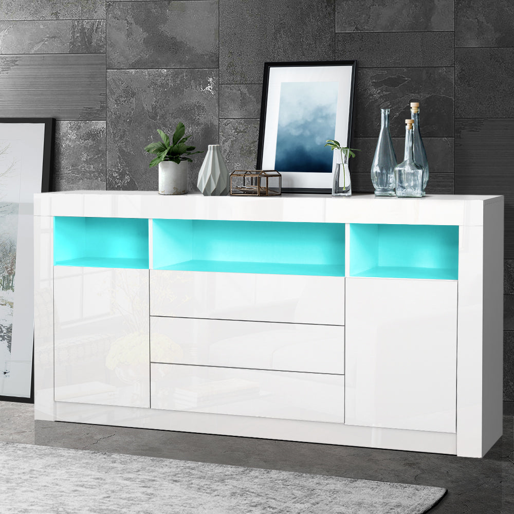 Artiss Buffet Sideboard Cabinet 3 Drawers High Gloss Storage Cupboard LED - Oceania Mart