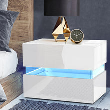Load image into Gallery viewer, Bedside Table 2 Drawers RGB LED Side Nightstand High Gloss Cabinet White
