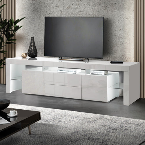 Artiss TV Cabinet Entertainment Unit Stand RGB LED Gloss Furniture 200cm White - Oceania Mart