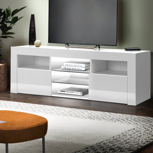 Artiss TV Cabinet Entertainment Unit Stand RGB LED Gloss Furniture 145cm White - Oceania Mart