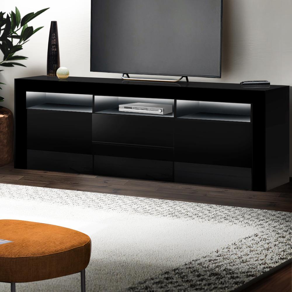 Artiss TV Cabinet Entertainment Unit Stand RGB LED High Gloss Furniture Storage Drawers Shelf 200cm Black - Oceania Mart