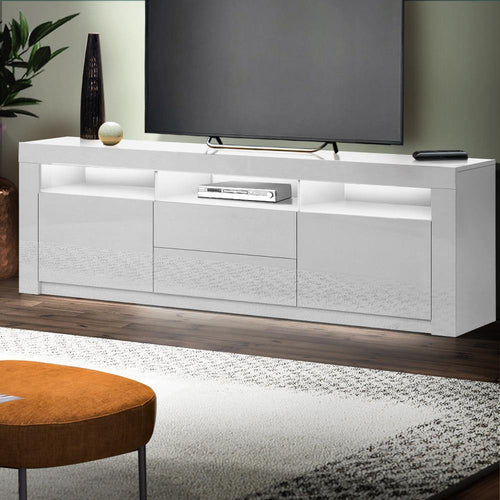 Artiss TV Cabinet Entertainment Unit Stand RGB LED High Gloss Furniture Storage Drawers Shelf 200cm White - Oceania Mart