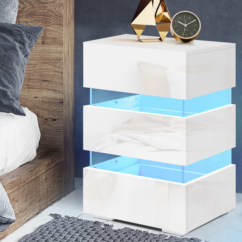 Bedside Table Side Unit RGB LED Lamp 3 Drawers Nightstand Gloss Furniture White