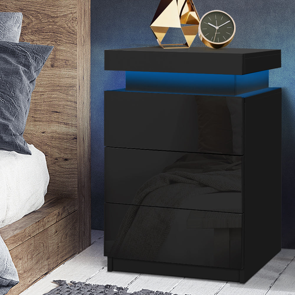 Artiss Bedside Tables Side Table 3 Drawers RGB LED High Gloss Nightstand Black