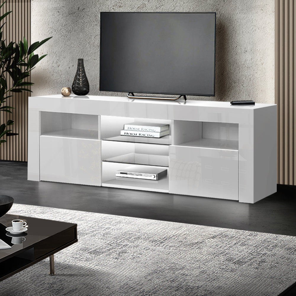 Artiss TV Cabinet Entertainment Unit Stand RGB LED Gloss Furniture 160cm White - Oceania Mart