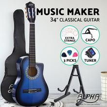 Load image into Gallery viewer, Alpha 34&quot; Inch Guitar Classical Acoustic Cutaway Wooden Ideal Kids Gift Children 1/2 Size Blue with Capo Tuner - Oceania Mart
