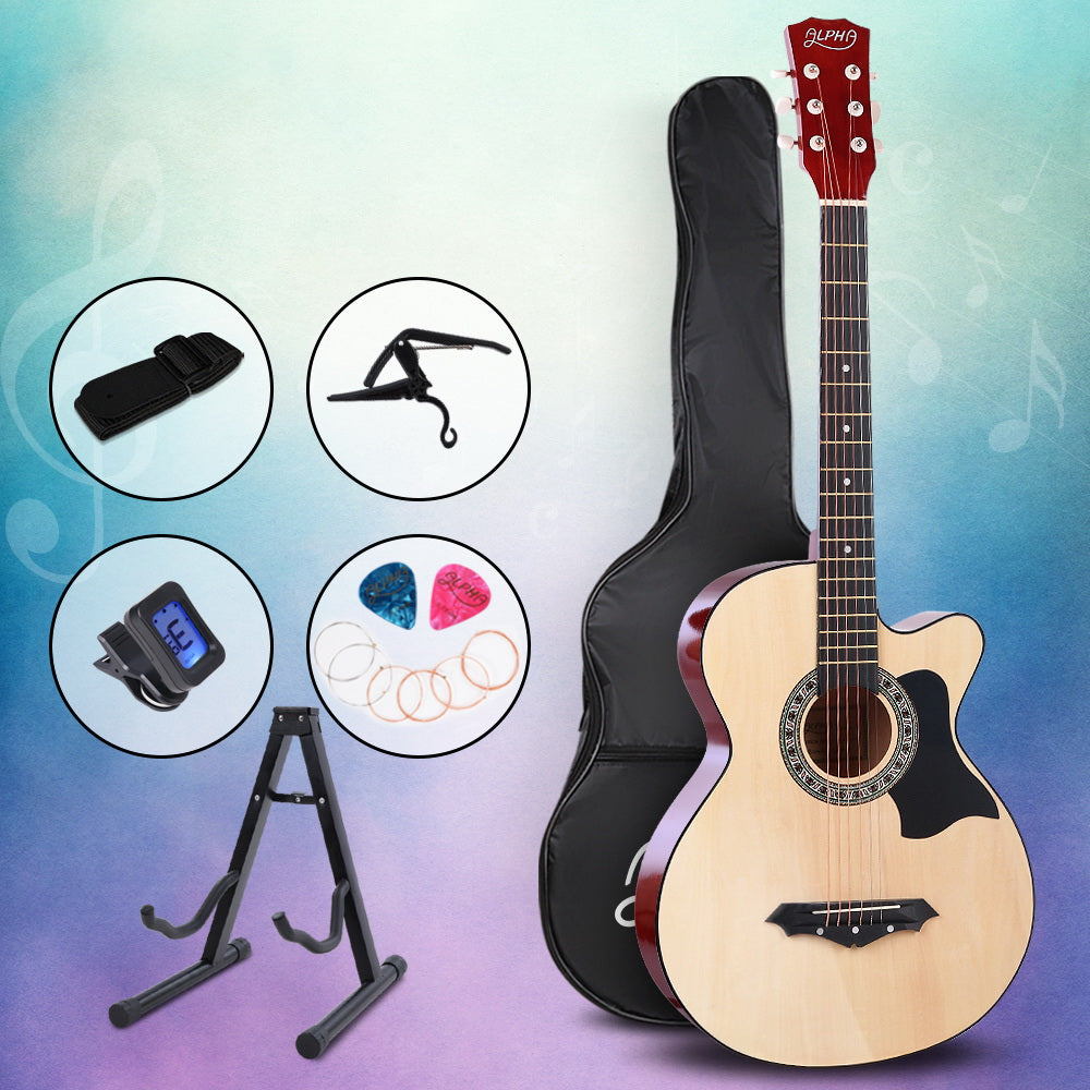 ALPHA 38 Inch Wooden Acoustic Guitar with Accessories set Natural Wood - Oceania Mart