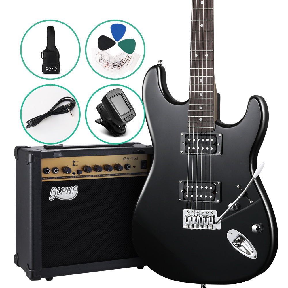 Alpha Electric Guitar And AMP Music String Instrument Rock Black Carry Bag Steel String - Oceania Mart