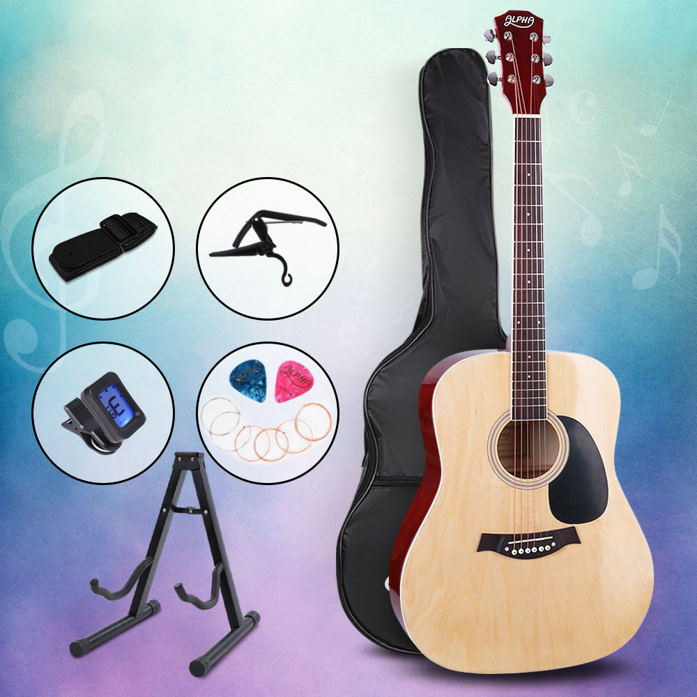 ALPHA 41 Inch Wooden Acoustic Guitar with Accessories set Natural Wood - Oceania Mart