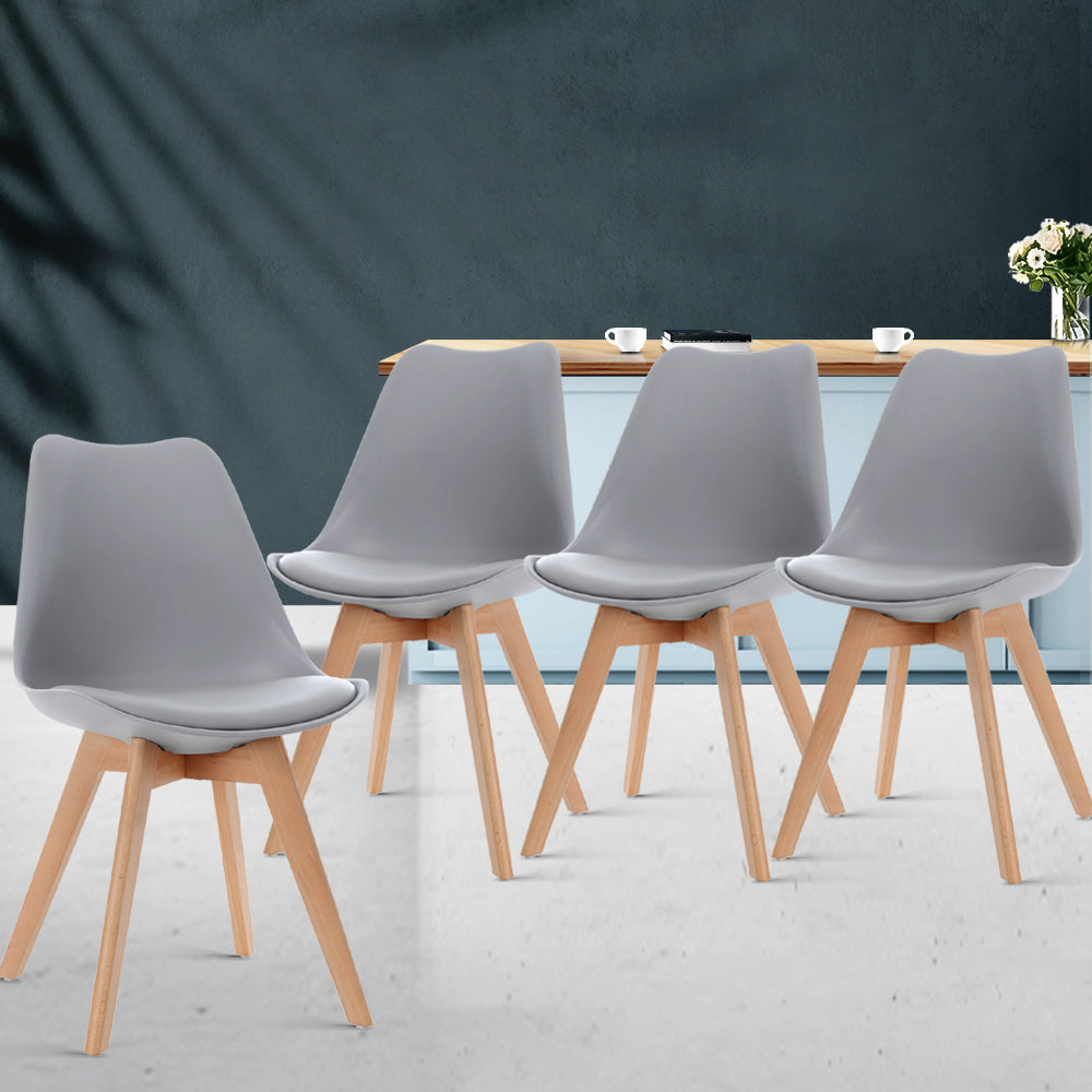 Artiss Set of 4 Retro Dining DSW Chairs PU Leather Padded Kitchen Cafe Beech Wood Legs Grey