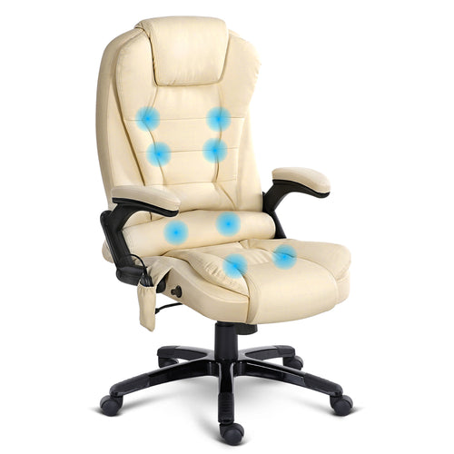 8 Point PU Leather Reclining Massage Chair - Beige - Oceania Mart
