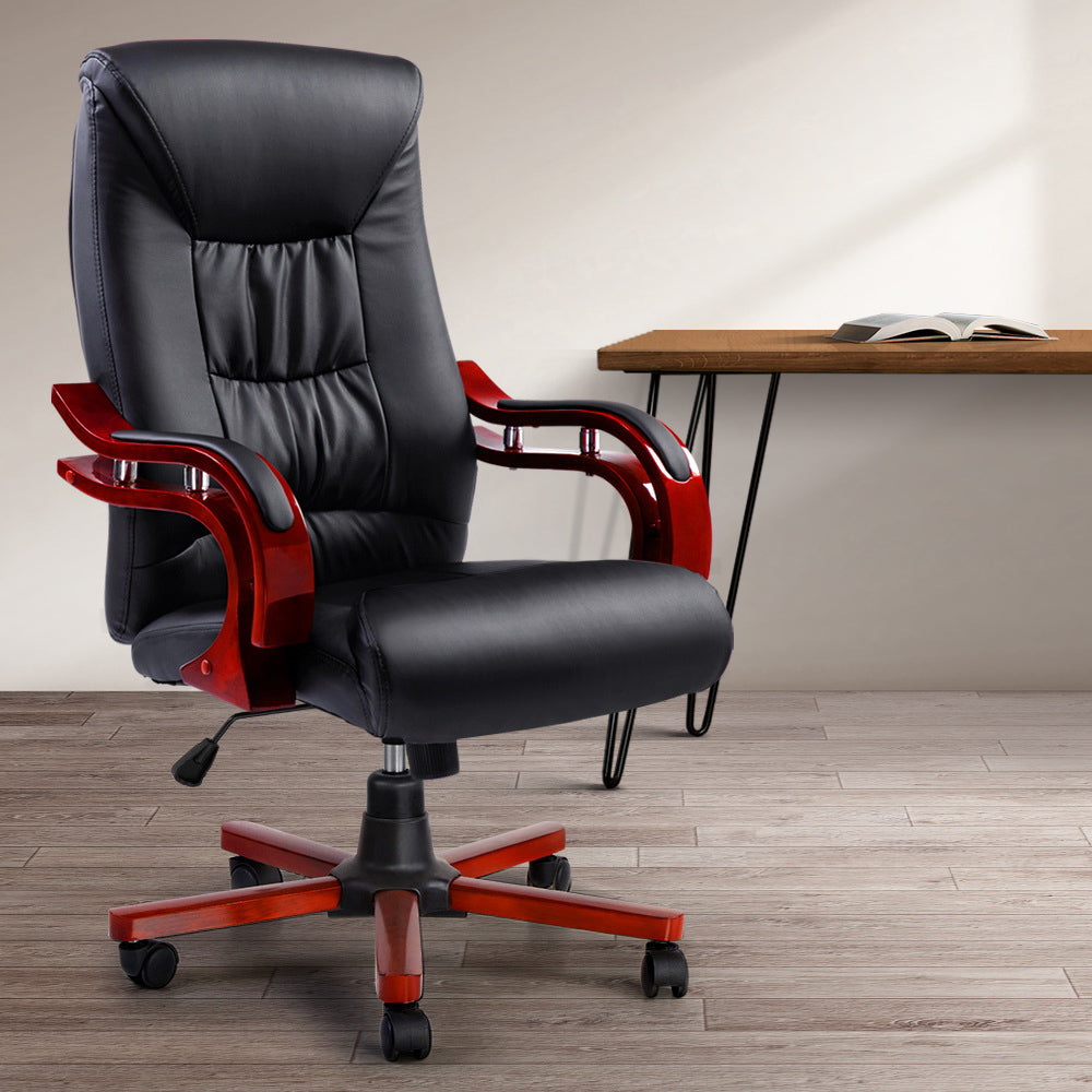 Artiss Executive Wooden Office Chair Wood Computer Chairs Leather Seat Sheridan