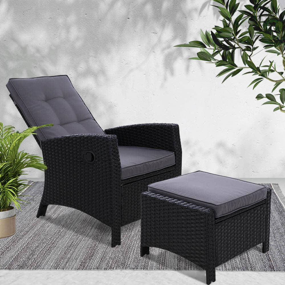 Sun lounge Recliner Chair Wicker Lounger Sofa Day Bed Outdoor Furniture Patio Garden Cushion Ottoman Black Gardeon