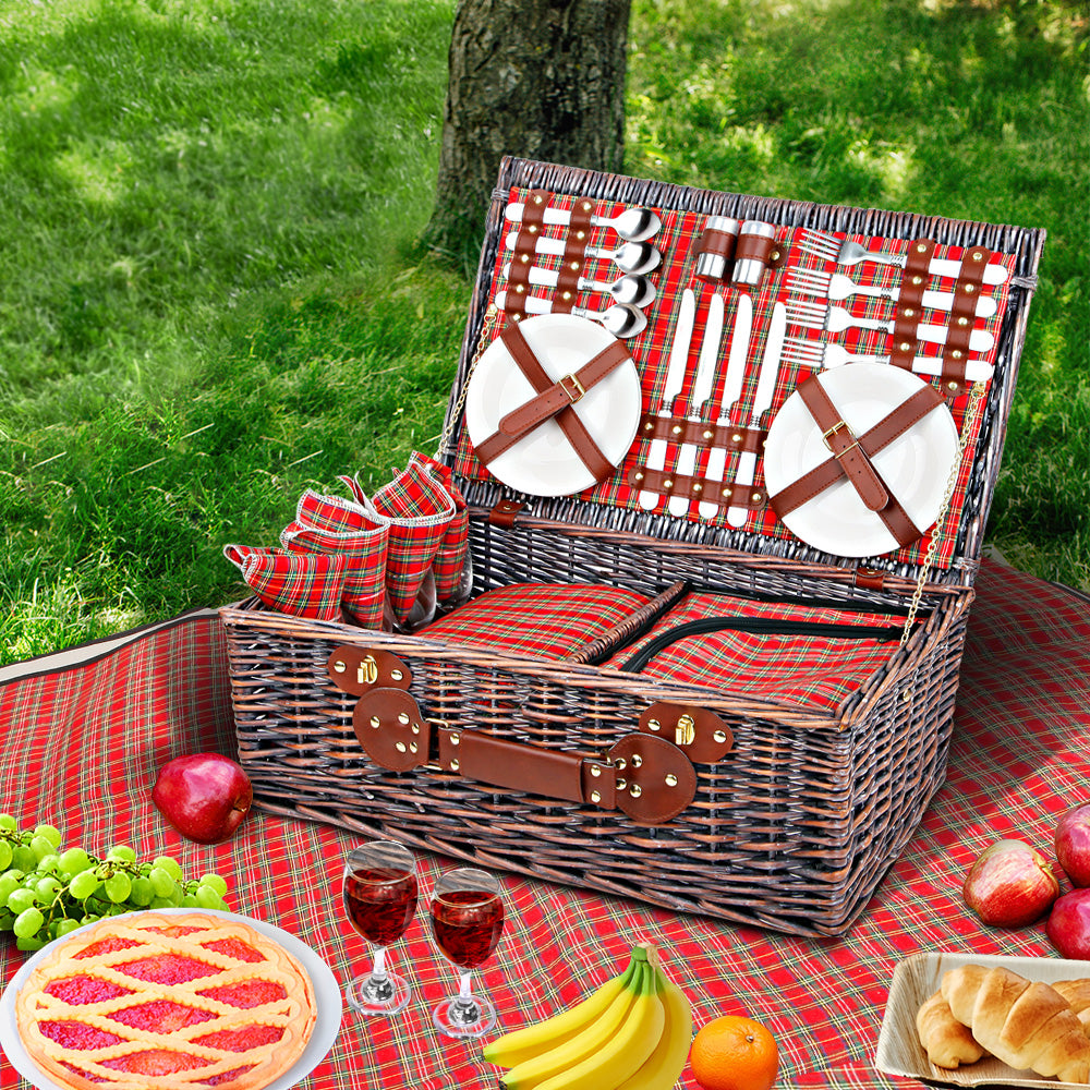 Alfresco 4 Person Picnic Basket Baskets Red Handle Outdoor Corporate Blanket Park - Oceania Mart