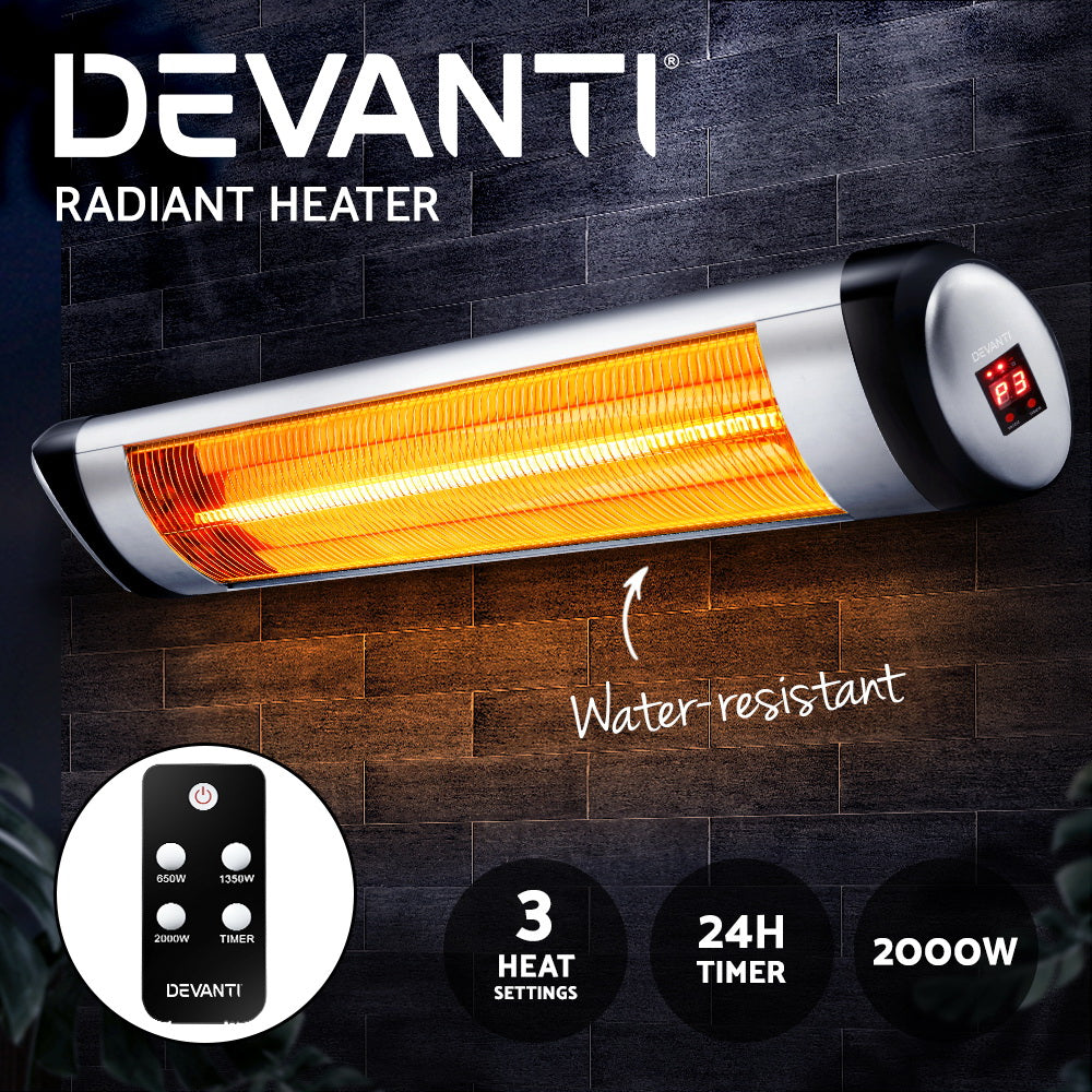 Devanti Electric Radiant Heater Patio Strip Heaters Infrared Indoor Outdoor Patio Remote Control 2000W - Oceania Mart