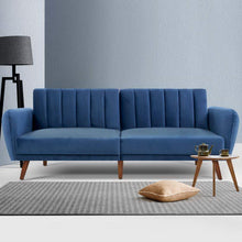 Load image into Gallery viewer, Artiss Sofa Bed Lounge 3 Seater Futon Couch Recline Chair Wooden 207cm Velvet Blue
