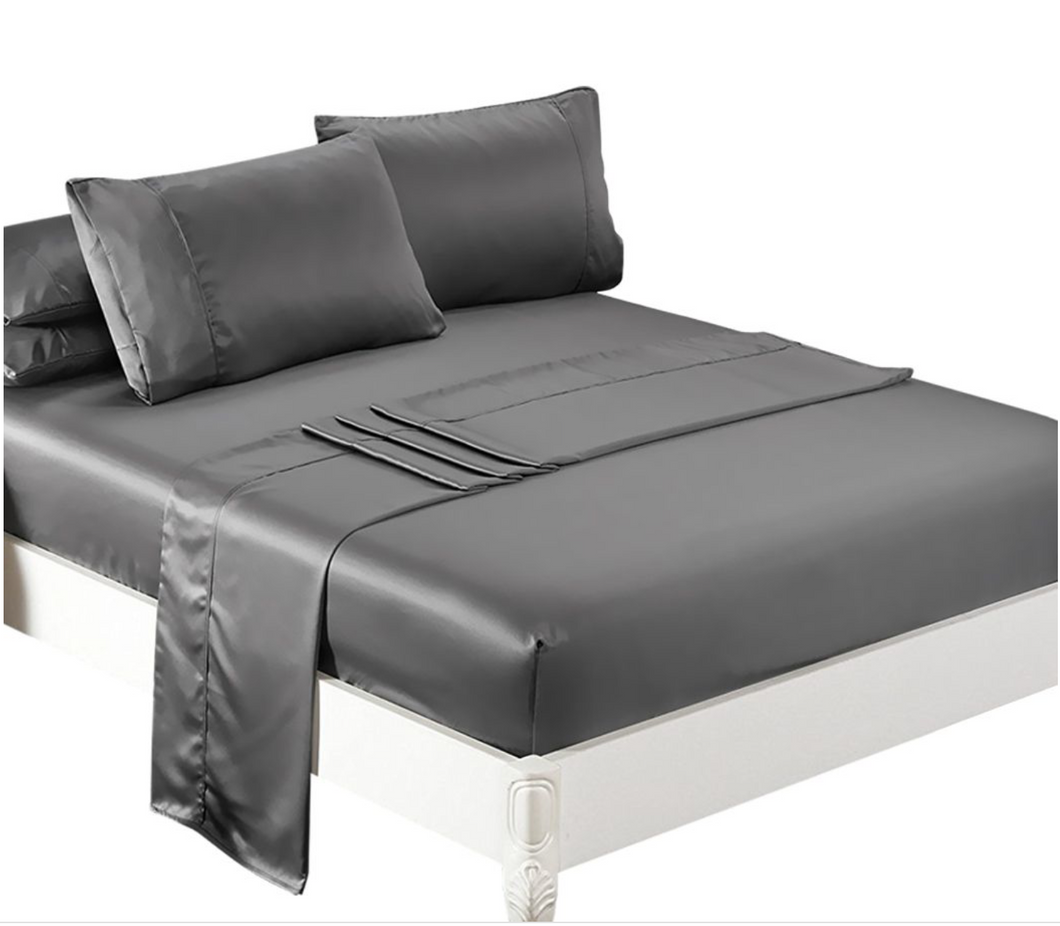 Ultra soft silky satin bed sheet set in queen size in charcoal colour by dreamz