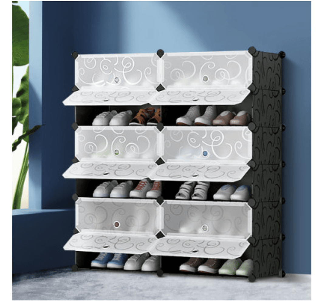 12 Cube Stackable Shoe Rack Storage Cabinet - Black & White - Oceania Mart