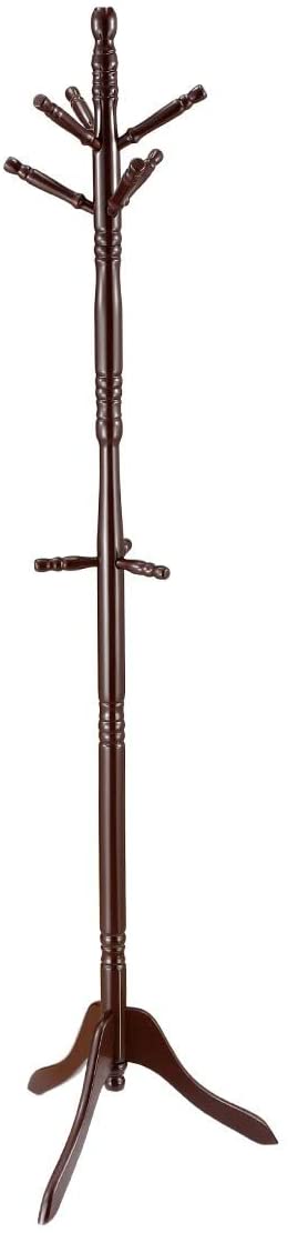 Brown Coat Rack with Stand Wooden Hat and 9 Hooks Hanger Walnut tree