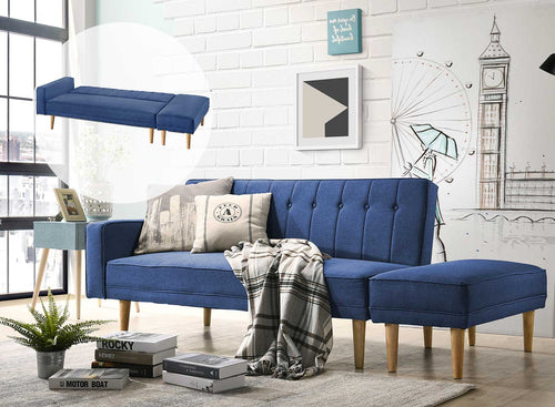 3 Seater Fabric Sofa Bed with Ottoman - Blue - Oceania Mart