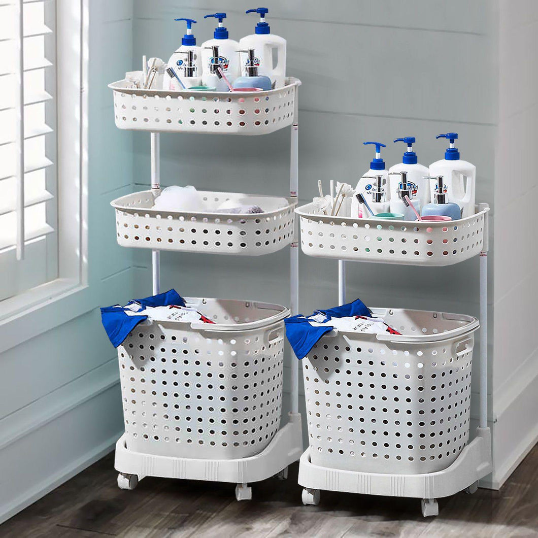 2 Tier Bathroom Laundry Clothes Baskets Bin Hamper Mobile Rack Removable Shelf - Oceania Mart
