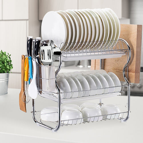 3 Tier Stainless Steel Dish Rack Drainer Tray Kitchen Storage Cup Cutlery Holder - Oceania Mart