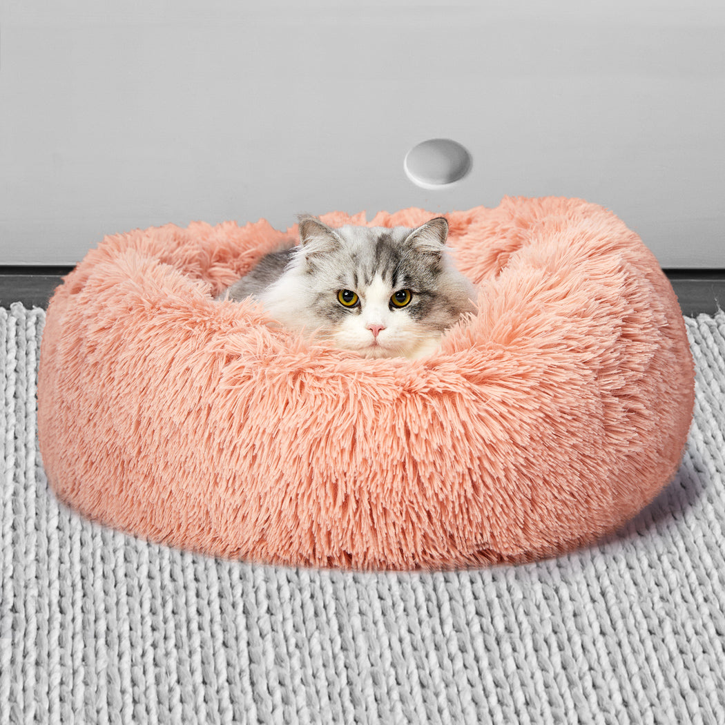 Pet Bed Cat Dog Donut Nest Calming Kennel Cave Deep Sleeping Pink L - Oceania Mart