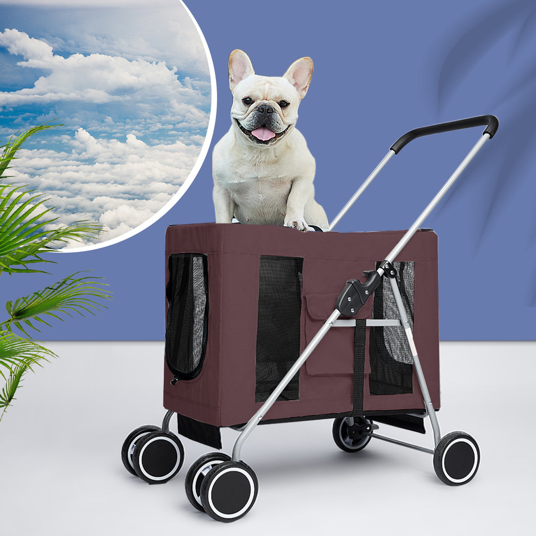 Pet Stroller Dog Cat Puppy Pram Travel Carrier 4 Wheels Pushchair Foldable Brown - Oceania Mart