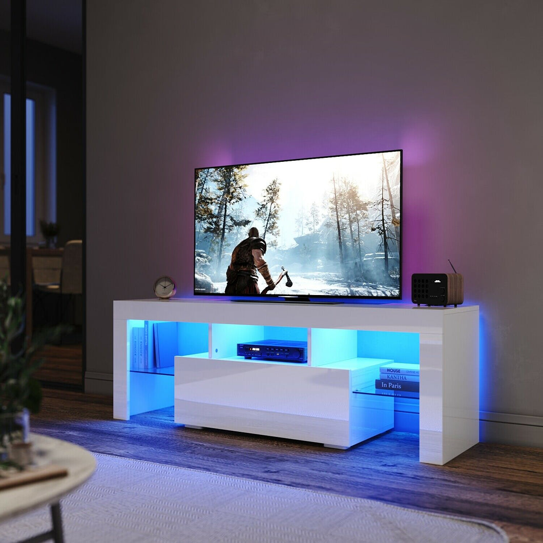 Modern 130cm RGB LED TV Stand Cabinet Entertainment Unit Gloss Furniture Drawer Tempered Glass Shelf White